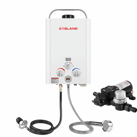 Bundle: GASLAND BE158PW60-LP  Outdoor Portable Liquid Propane Tankless Water Heater (with 1.6 GPM Water Pump & 1/2" Pipe Strainer)- 1.58 GPM - White