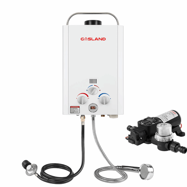 Bundle: GASLAND BE158PW60-LP  Outdoor Portable Liquid Propane Tankless Water Heater (with 1.6 GPM Water Pump & 1/2 Pipe Strainer)- 1.58 GPM - White
