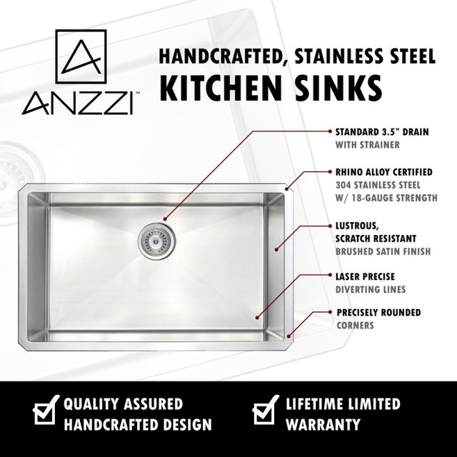 Anzzi K-AZ3018-1A  Aegis Undermount Stainless Steel 30 in. 0-Hole Single Bowl Kitchen Sink with Cutting Board and Colander