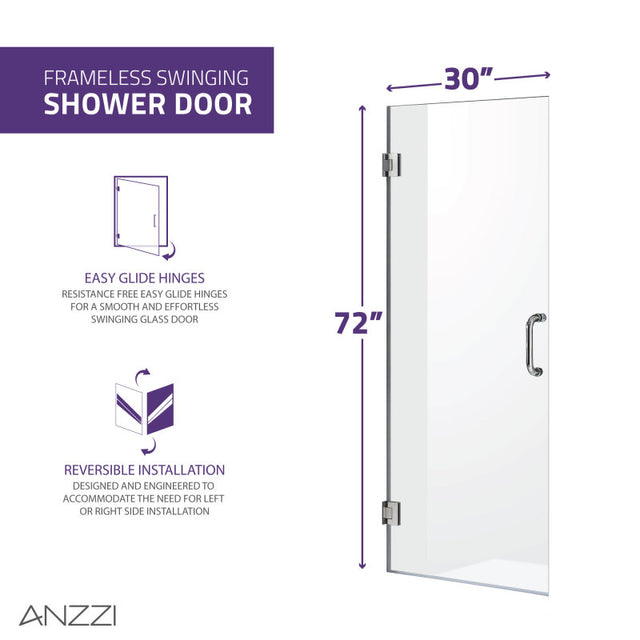 Anzzi SD-AZ09-02   ANZZI Fellow Series 30 in. by 72 in. Frameless Hinged Shower Door with Handle