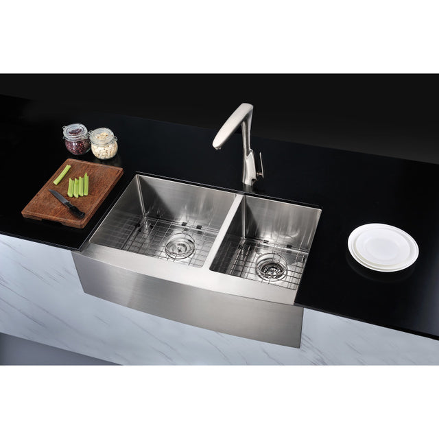 Anzzi K-AZ3320-4A  ANZZI Elysian Farmhouse Stainless Steel 33 in. 0-Hole 60/40 Double Bowl Kitchen Sink in Brushed Satin