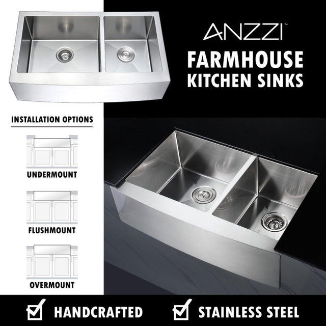 Anzzi K-AZ3620-3A  ANZZI Elysian Farmhouse Stainless Steel 36 in. 0-Hole 60/40 Double Bowl Kitchen Sink in Brushed Satin