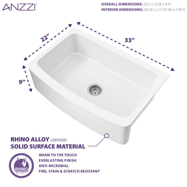 Anzzi K-AZ272-A1  ANZZI Mesa Series Farmhouse Solid Surface 33 in. 0-Hole Single Bowl Kitchen Sink with 1 Strainer