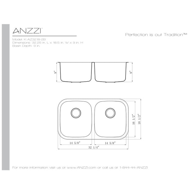 Anzzi K-AZ3218-2B  ANZZI Moore Undermount Stainless Steel 32 in. 0-Hole 50/50 Double Bowl Kitchen Sink in Brushed Satin