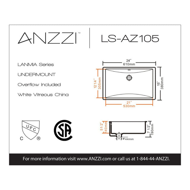 Anzzi LS-AZ105  ANZZI Lanmia Series 24 in. Ceramic Undermount Sink Basin in White