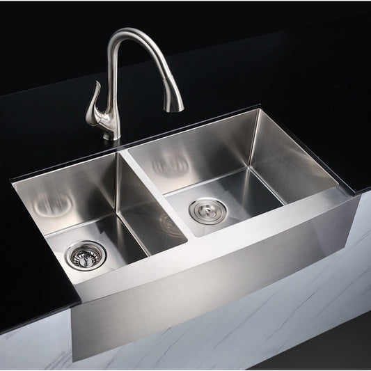 Anzzi K-AZ3320-4B  ELYSIAN Series 33 in. Farm House 40/60 Dual Basin Handmade Stainless Steel Kitchen Sink