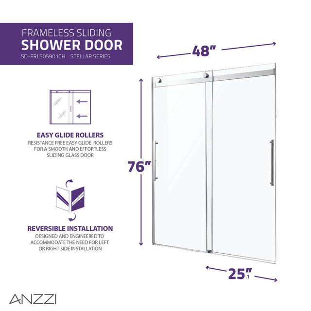 Anzzi SD-FRLS05901MB  ANZZI Stellar Series 48 in. x 76 in. Frameless Sliding Shower Door with Handle