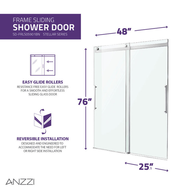 Anzzi SD-FRLS05901MB  ANZZI Stellar Series 48 in. x 76 in. Frameless Sliding Shower Door with Handle
